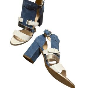 Peter Kaiser NWT 7.5 Elegant Blue and White Heels silver toes gladiator suede